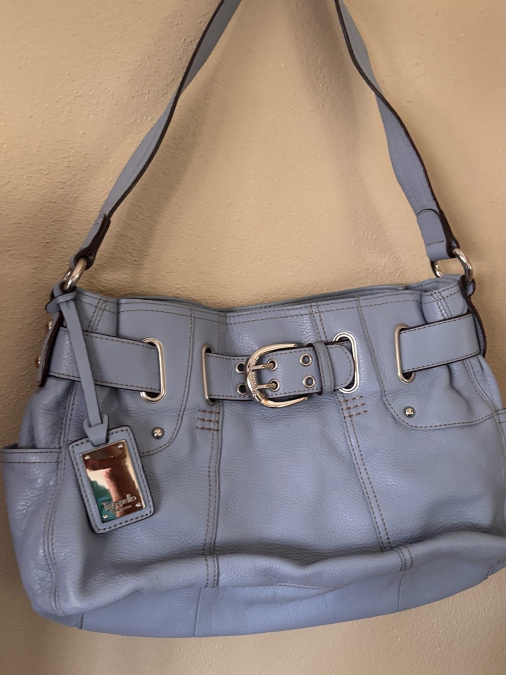 Tignanello blue pebble leather bag with multiple pockets ,16 inches wide 10 inch